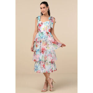 Lulus Vivid Sensation White Multi Floral Tie-strap Midi Dress - Size XL